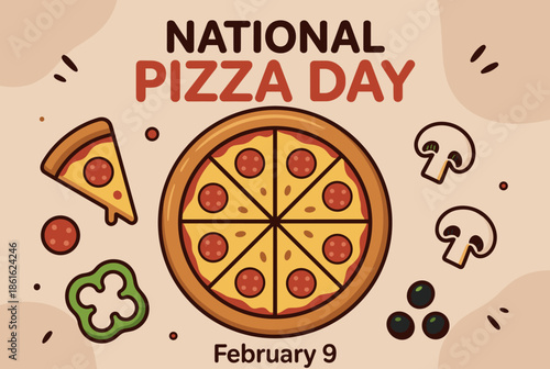 Cartoon Illustration of National Pizza Day Celebration with Delicious Pizza and Toppings