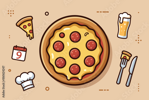 Delicious Pepperoni Pizza with Beer, Chef Hat, and Calendar Illustration