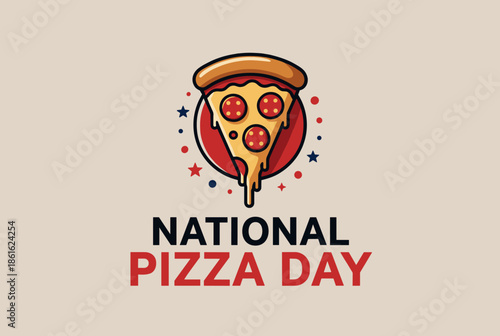 National Pizza Day Illustration with Cheesy Pepperoni Slice and Festive Accents
