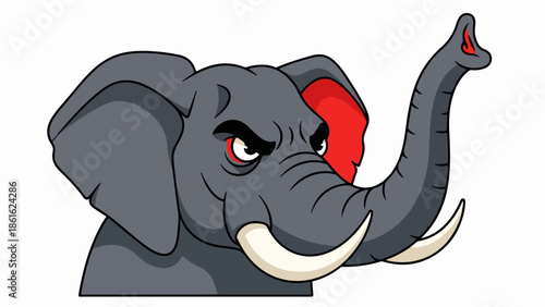 Cartoon-style elephant head illustration with expressive features and red accent on ear