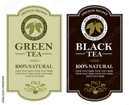 collection of green and black tea labels with leaves and cup