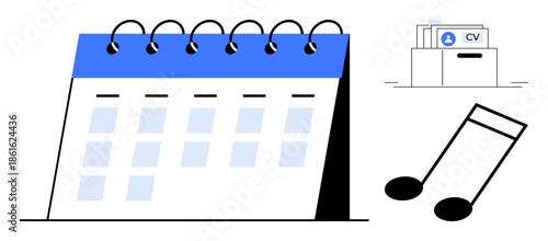 Time management concept. Calendar planning, music notes, and CV folder organization, event scheduling, and creative workflows. Time management for productivity, organization apps, music projects