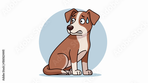 Cartoon dog with brown and white fur sitting upright with a tear falling from its eye on a light blue background
