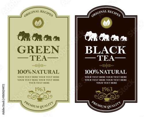 collection of green and black tea labels with leaves and cup