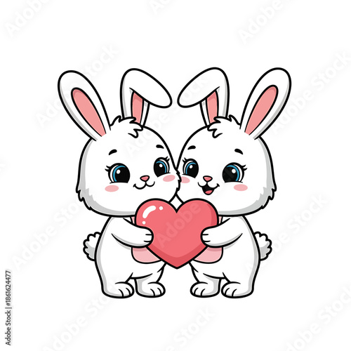 Two adorable cartoon white bunnies holding a pink heart together, symbolizing love and friendship.