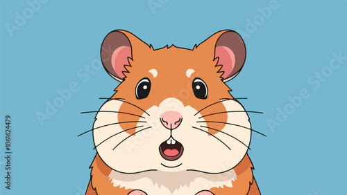 Close-up portrait of a charming hamster with brown fur and a white chest patch on a light blue background