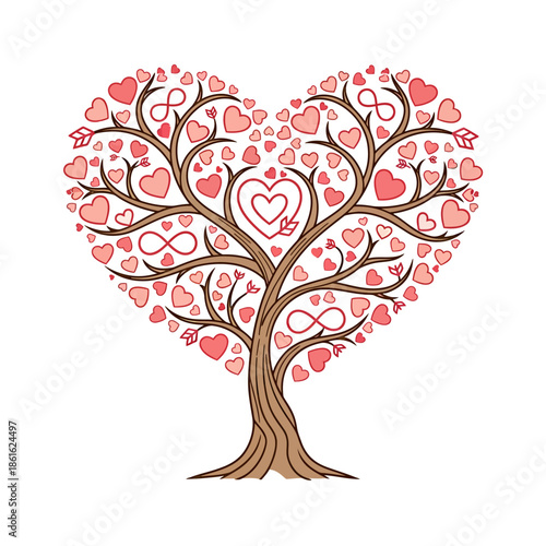 A beautiful heart-shaped tree with branches adorned with numerous pink and red hearts and infinity symbols, symbolizing love and eternal connection.
