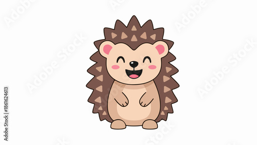 Playful cartoon illustration of a cheerful hedgehog with light brown body and darker brown spines