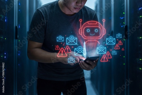 Technician holding smartphone with glowing AI chatbot and spam alert holograms in server room