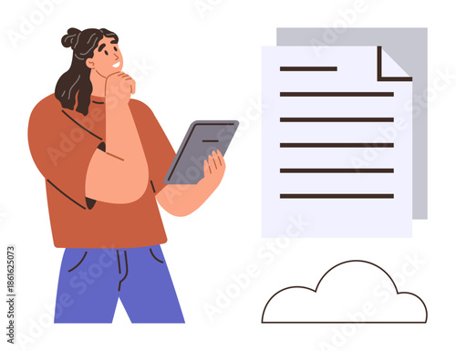 Thoughtful woman holding a tablet, large floating document pages, cloud icon representing digital storage. Ideal for technology, remote work, data management, online learning, document access