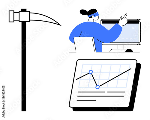 User with VR headset interacts with screen, mining pickaxe symbolizes data mining, and chart tracks analytics. Ideal for technology, data, VR, business, analytics research digital insights. A