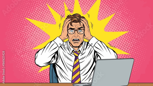 Stressed Businessman with Laptop: Pop Art Style
