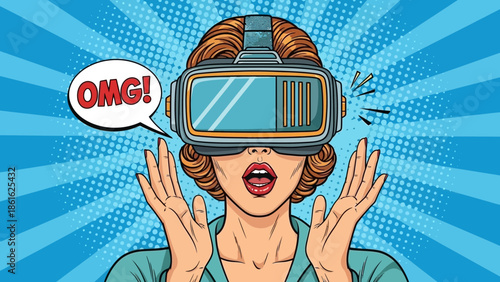 Surprised Woman in VR Headset Pop Art Style