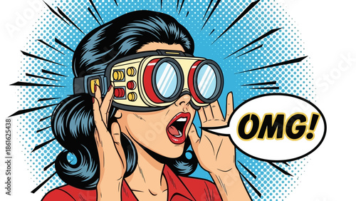 Surprised Woman in VR Headset: Retro Tech OMG!