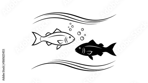 Two fish swimming in water, vector illustration