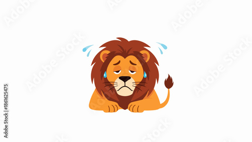 Cartoon-style lion with sorrowful expression seated on beige background