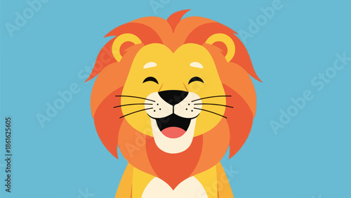 Cheerful lion illustration with orange mane on blue background