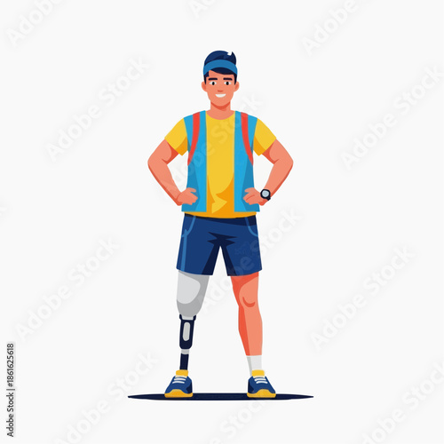 A confident cartoon man with a prosthetic leg standing heroically