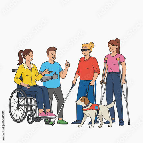 A diverse group of people with disabilities interacting with each other