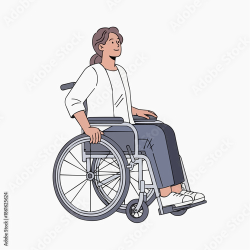 A woman in a wheelchair looking up with a calm expression