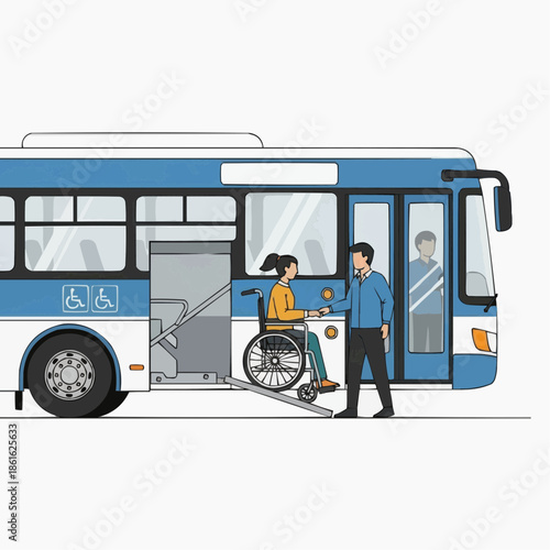 An illustration of a woman in a wheelchair boarding a bus
