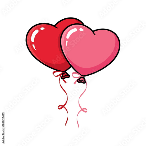 A cartoon illustration of two heart-shaped balloons, one red and one pink, tied together with ribbons.