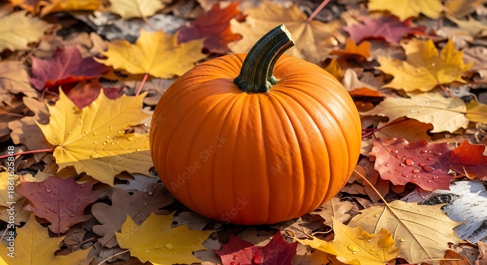 Naklejka premium Pumpkin Amidst Autumn Leaves - A Vibrant Fall Harvest Scene.