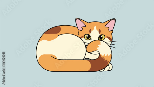 Cartoon-style illustration of a relaxed orange and brown cat with white patches and yellow eyes