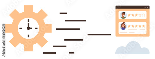 Orange gear clock with motion lines connected to a web browser showing user ratings and profiles above a cloud. Ideal for workflow, time management, digital feedback, UI design, efficiency, user