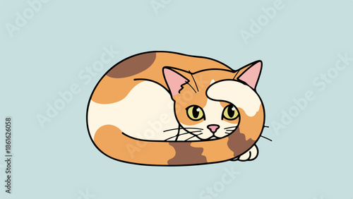 Relaxed curled-up cat with light orange coat and vivid green eyes