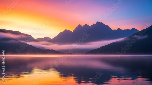 Dramatic sunrise over a serene mountain lake with misty peaks reflecting vibrant colors in the tranquil water ideal for nature and travel backgrounds