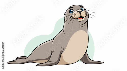 Cartoon seal illustration with blue eyes and a friendly smile on a light pastel green background