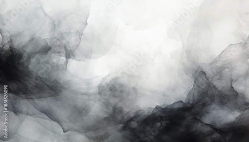 Abstract ink wash in grayscale with smoky wisps and ethereal cloudy formations on white background