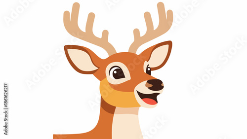Friendly cartoon deer with yellow scarf and antlers on beige background