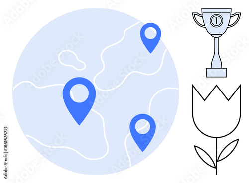 Location markers. Highlight global navigation and geolocation concepts. Emphasizing location markers, navigation purposes, and global connectivity. Ideal for travel, navigation, achievements, maps