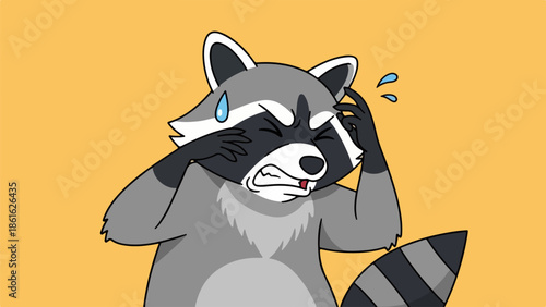 Illustration of a crying raccoon with black-and-white fur on a yellow-orange background