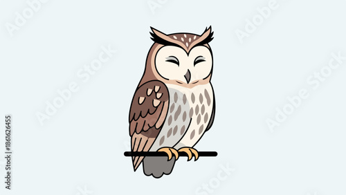 Serene owl perched on a dark brown branch against a light beige backdrop