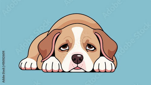 Beagle puppy resting with head on paws against blue background