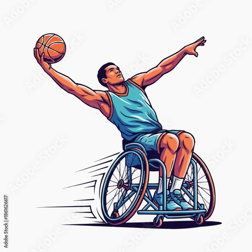 A determined athlete in a wheelchair throwing a basketball with confidence and skill