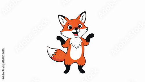 Cheerful cartoon fox standing upright with outstretched arms on light beige background