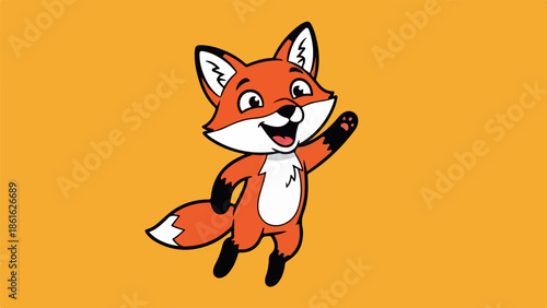Cheerful cartoon fox standing upright waving with front paw on orange background