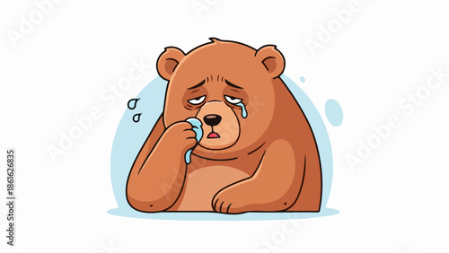 Illustration of a brown bear wiping tears in a contemplative pose on a light blue gradient background