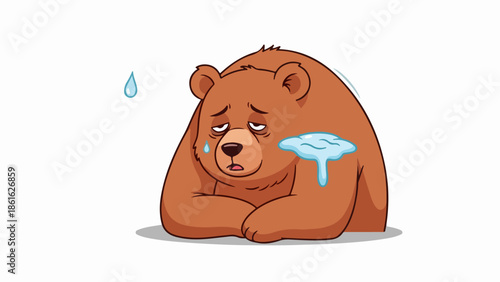 Solitary brown bear with tear on cheek and teardrop hovering nearby