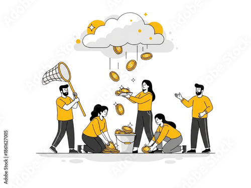 Harvesting Success Illustration with Team Collecting Coins from Cloud, Profit Growth and Online Income Concept, Wealth Creation, Business Revenue, Financial Rewards Flat Vector