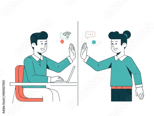 Syncing up concept with colleagues high fiving virtually across distance. Vector illustration of remote work collaboration, digital connection, online partnership, and business teamwork via laptop.