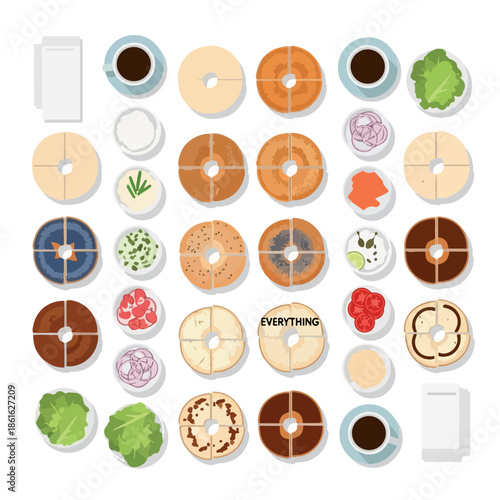 A digital illustration of various bagels and sandwiches on plates with lettuce, tomato, and coffee cups on a white background. Perfect for food blogs, restaurant menus, and culinary