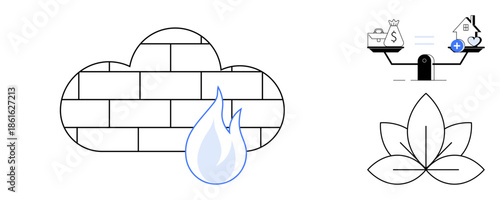 Cloud firewall. Cloud firewall enhancing data protection and cybersecurity. Cloud firewall alongside financial balance and wellness icons. Perfect for tech, finance, wellness, and conceptual designs