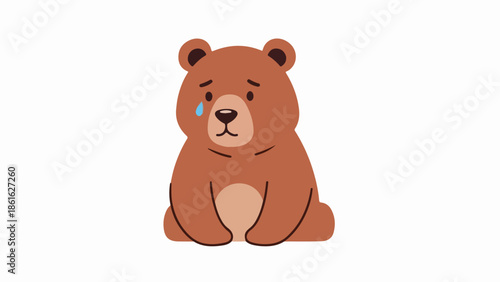 Cartoon brown bear with tear on cheek in somber pose