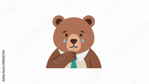 Anthropomorphized bear with a somber expression wearing a white shirt and blue tie