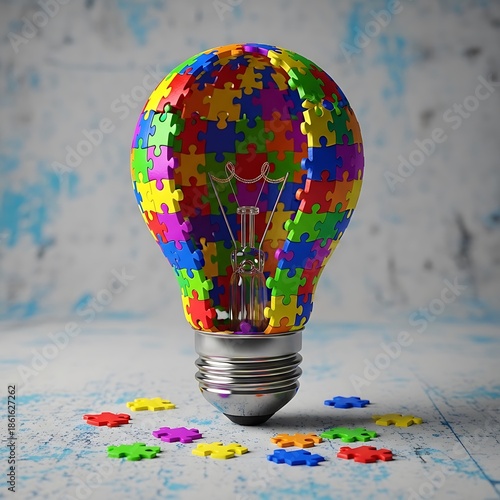 Colorful Puzzle Pieces Forming a Light Bulb - Idea Generation.